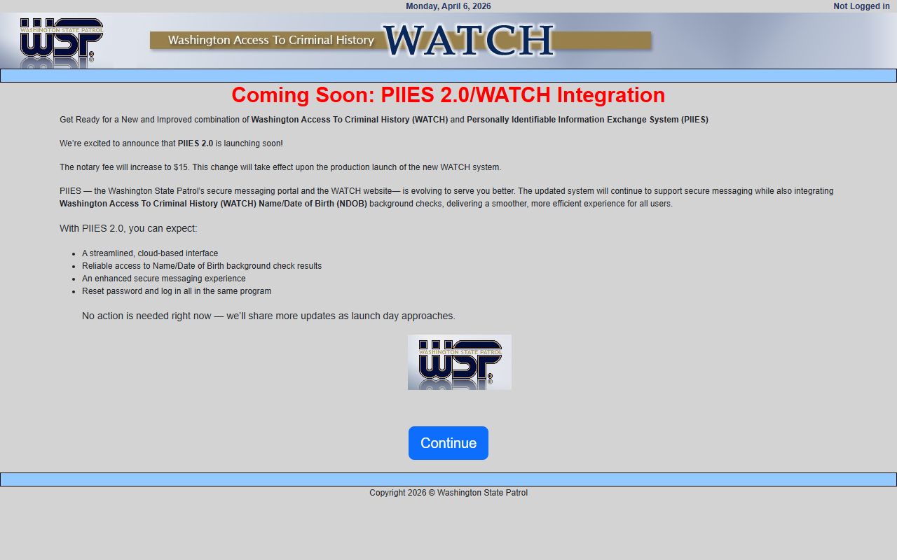 Washington WATCH system for criminal history and police records lookup